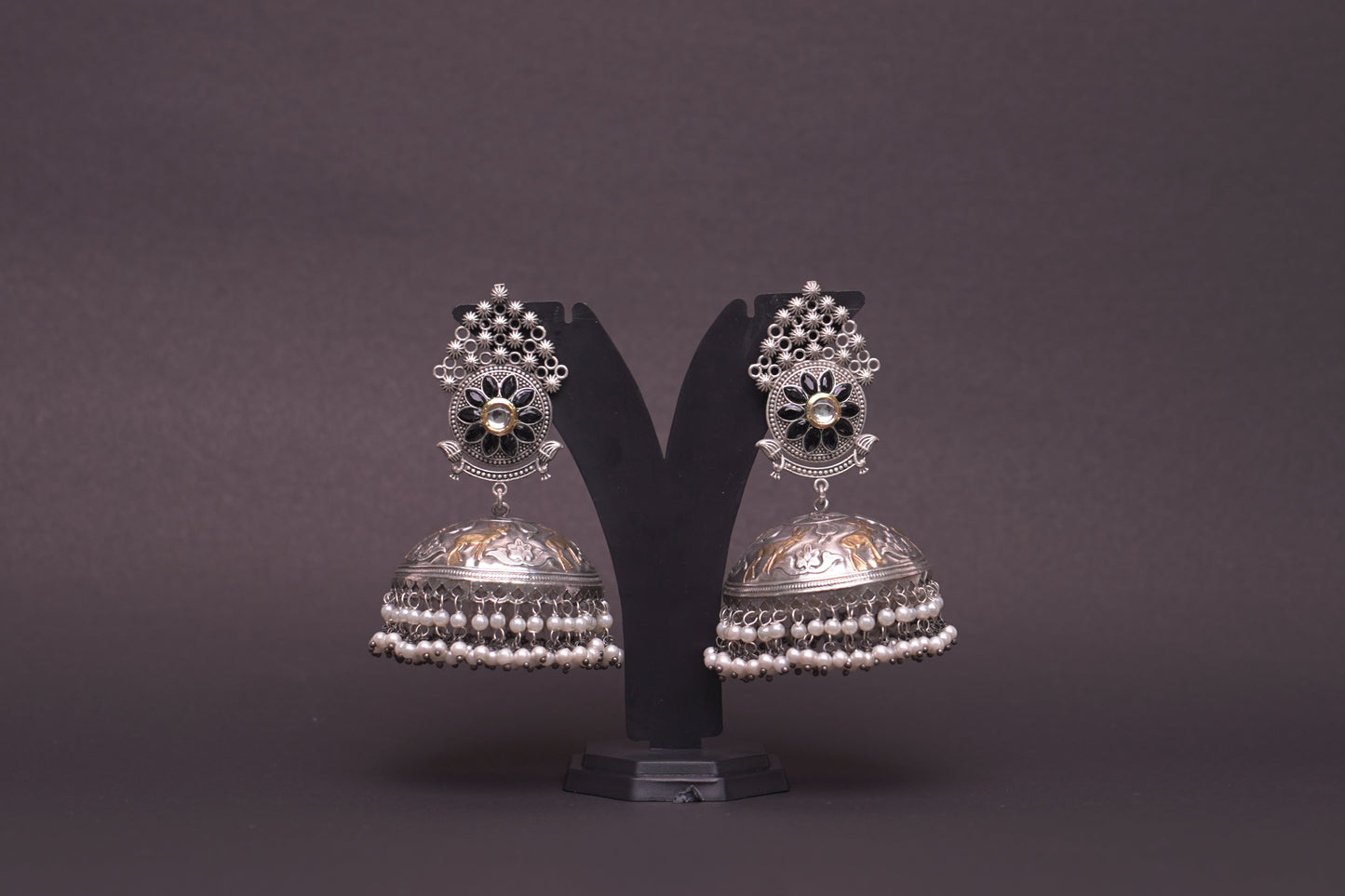 Elegant Silver & Gold-Tone Jhumkas with Black Stone Accent