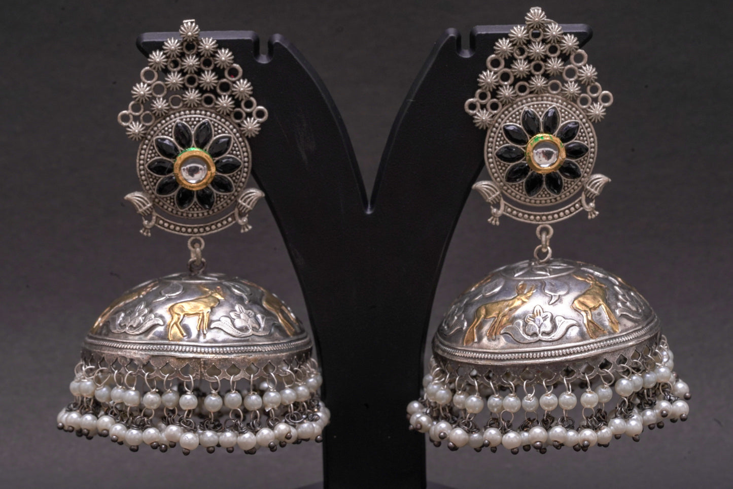 Elegant Silver & Gold-Tone Jhumkas with Black Stone Accent