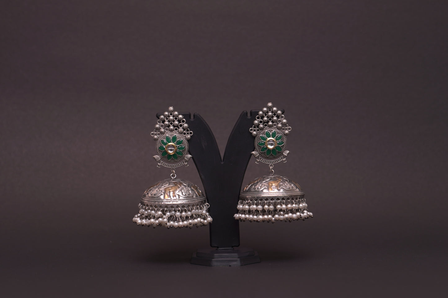 Elegant Silver & Gold-Tone Jhumkas with Green Stone Accent