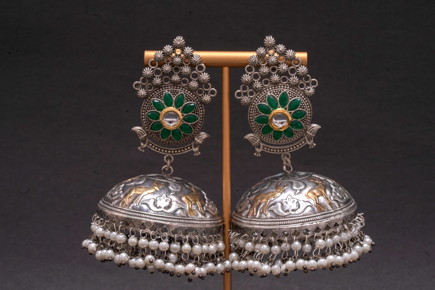 Elegant Silver & Gold-Tone Jhumkas with Green Stone Accent