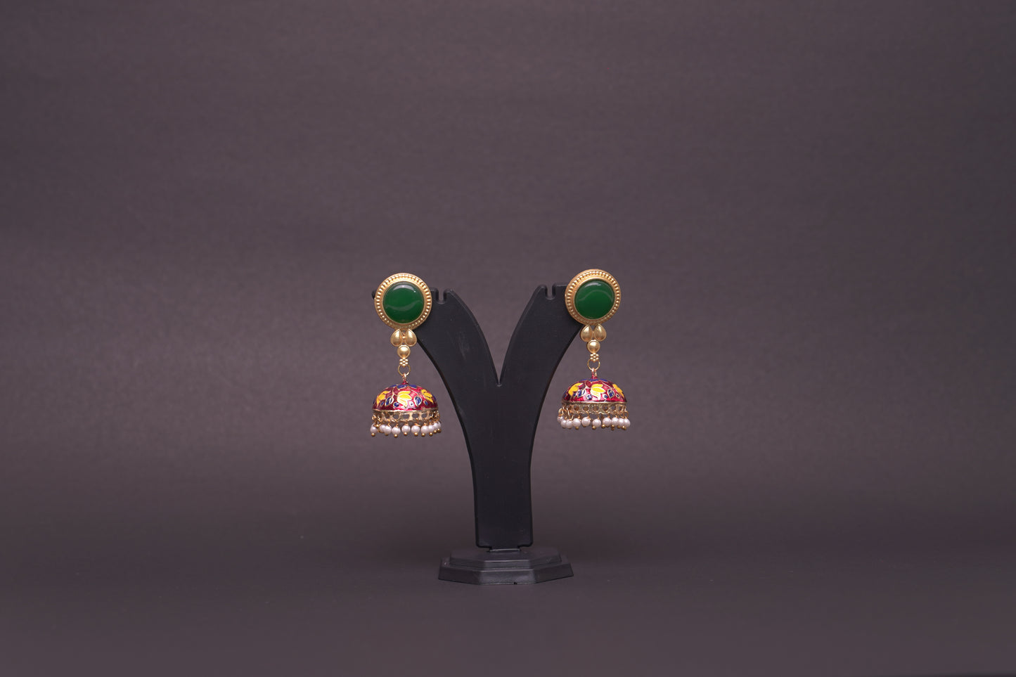 Colourful jhumkas in red, yellow and green with an enamel finish