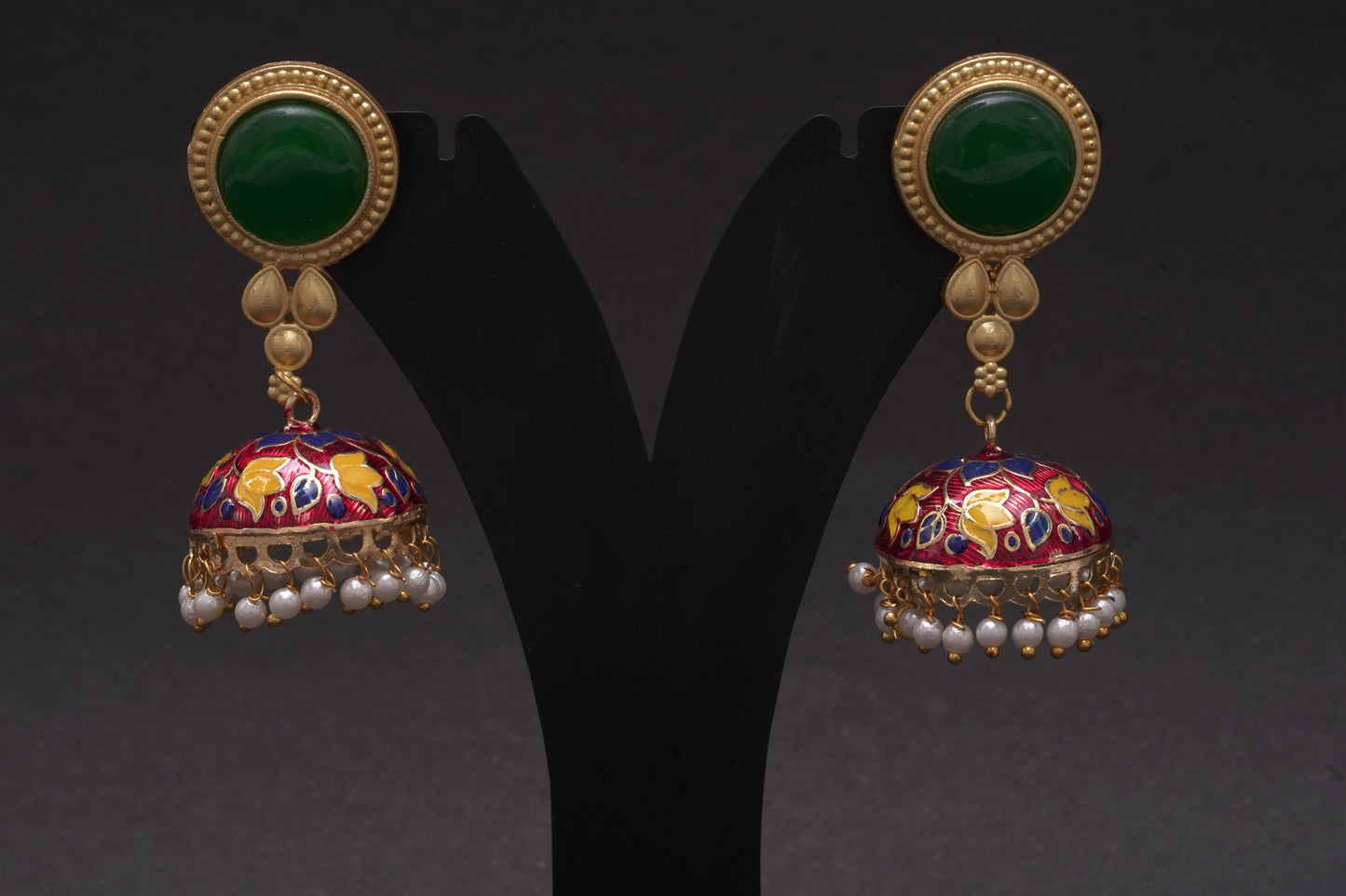 Colourful jhumkas in red, yellow and green with an enamel finish