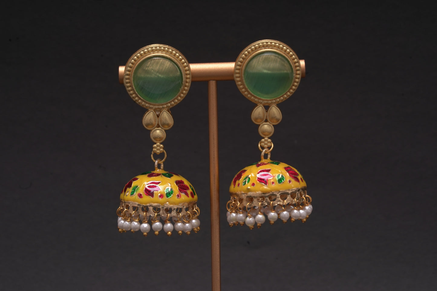 Colourful jhumkas in yellow and green with enamel finish