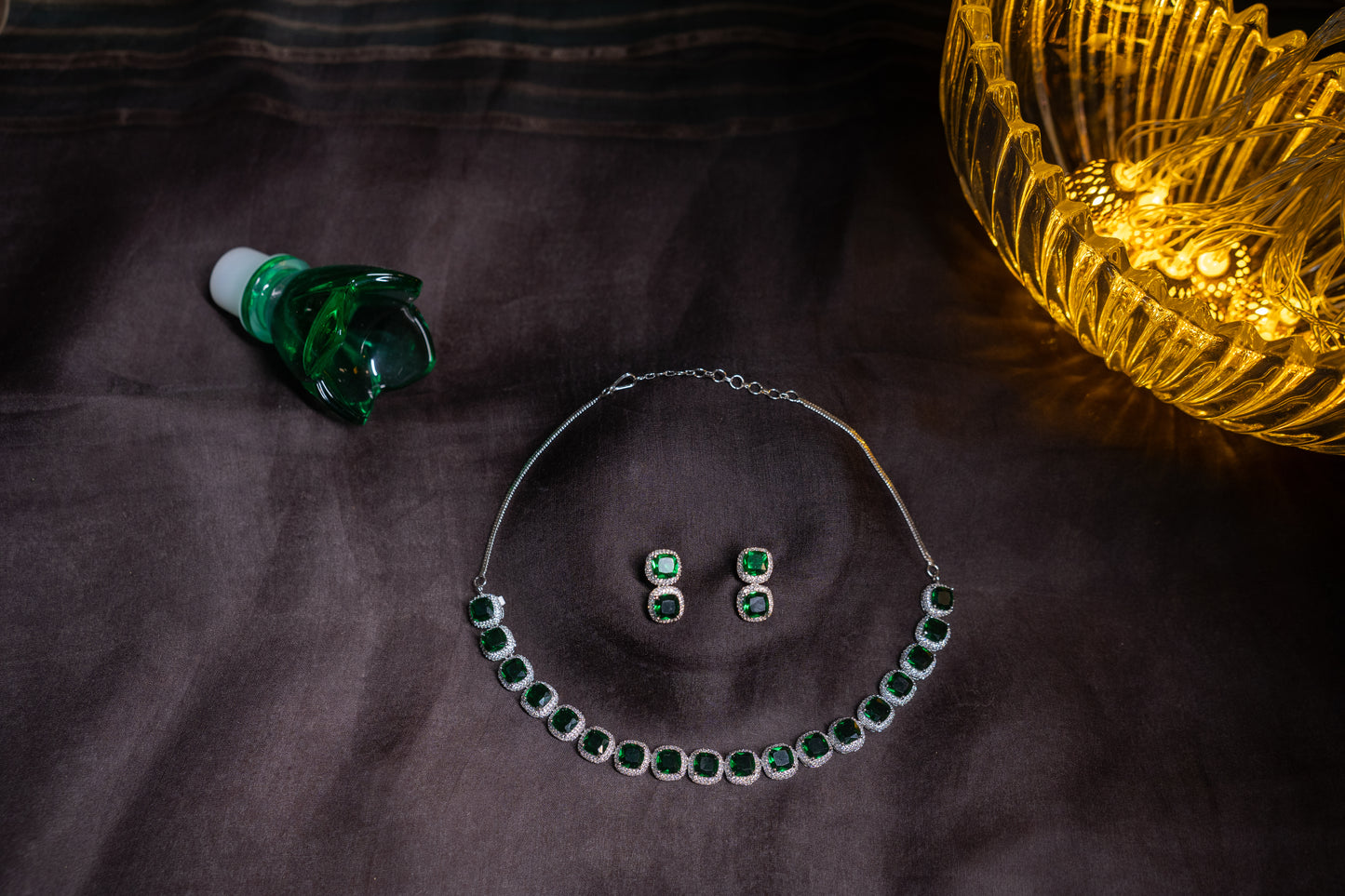 Statement necklace set green emerald stones and real American diamonds