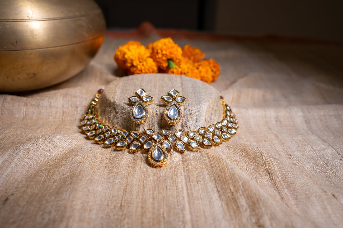 Dazzling stone polki necklace set with meenakari work