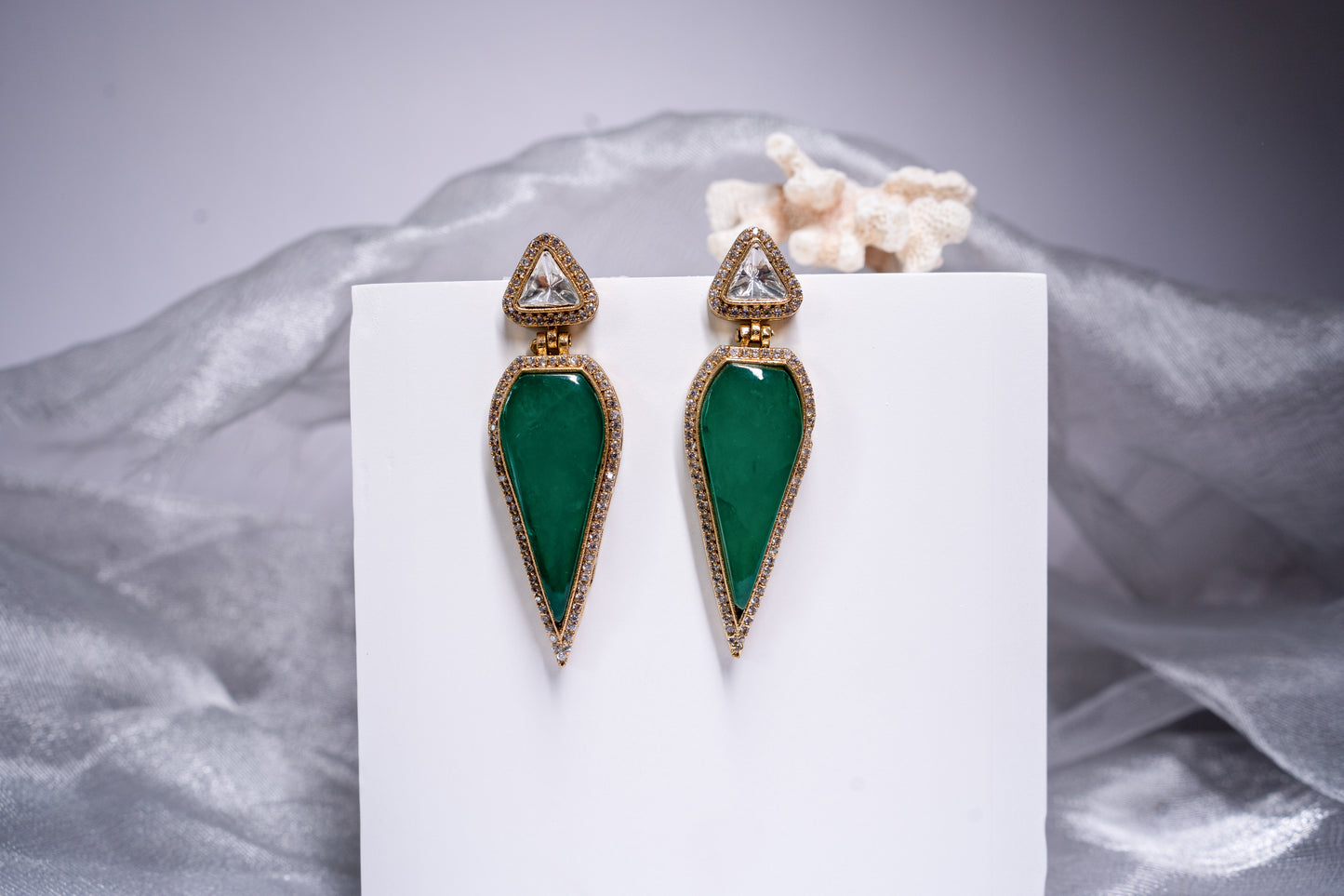 Leaf shaped danglers in green with polki and American diamonds