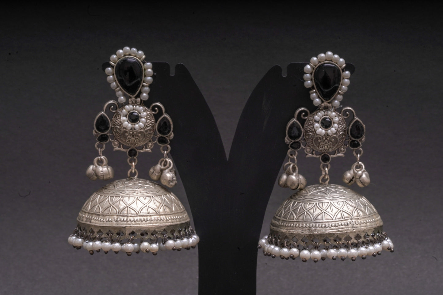 Dazzling Silver-Finish Jhumkas with Black Stones