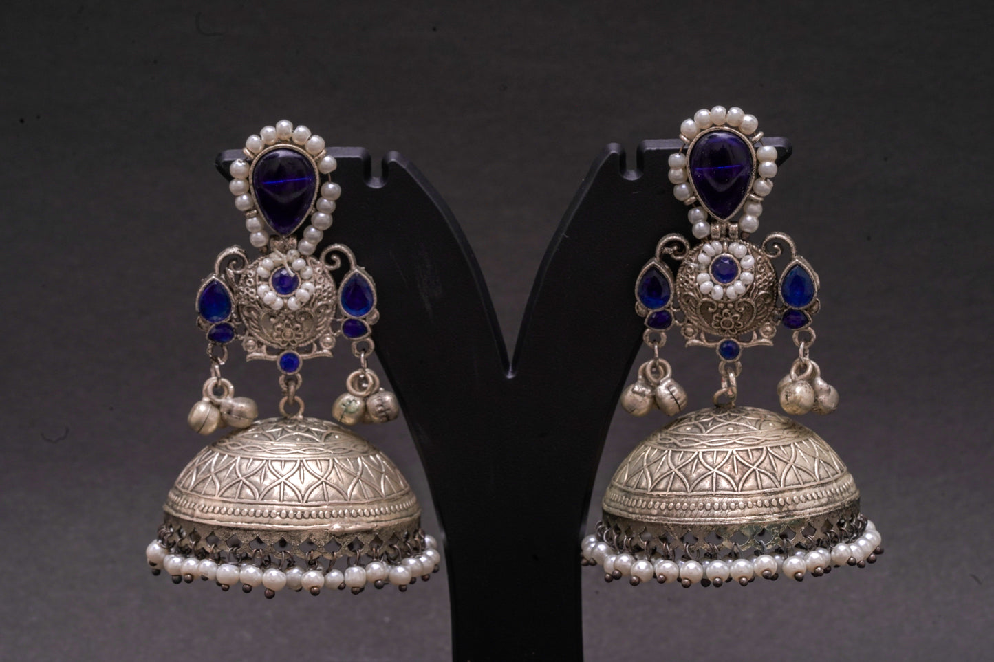 Dazzling Silver-Finish Jhumkas with Blue Stones