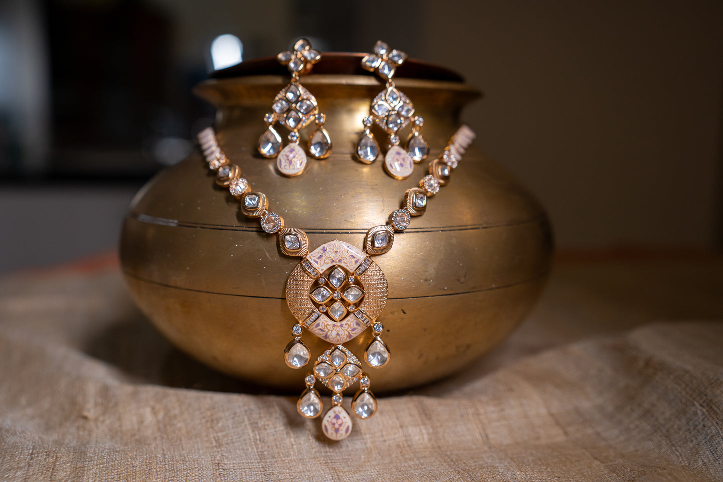 Regal necklace set with blush pink enamel work and stone polki