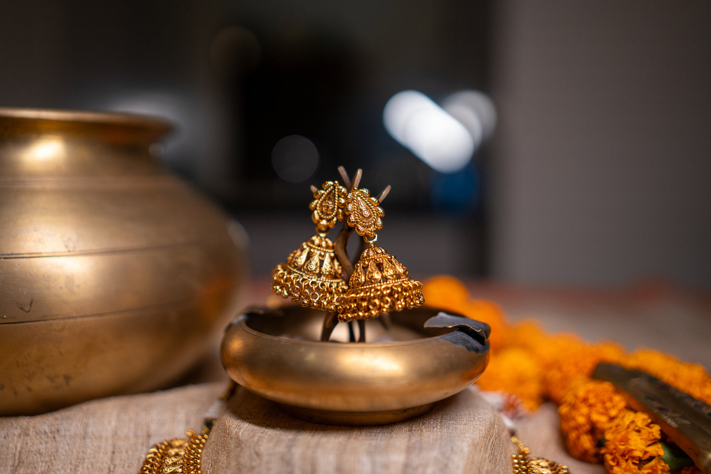 Unique traditional Indian necklace set with jhumkas in gold finish