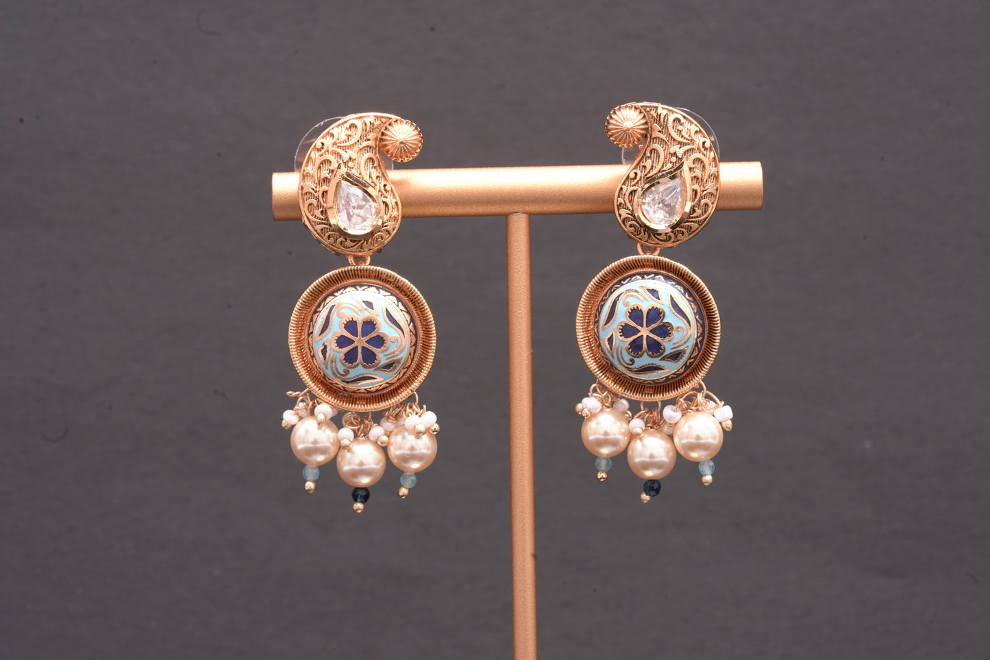 Beautiful gold finish stone polki and enamel work earrings in blue