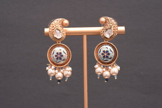 Beautiful gold finish stone polki and enamel work earrings in blue