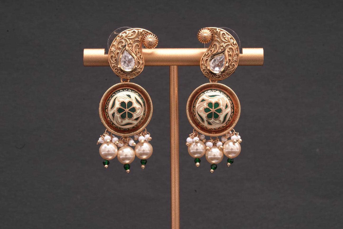 Beautiful gold finish stone polki and enamel work earrings in green
