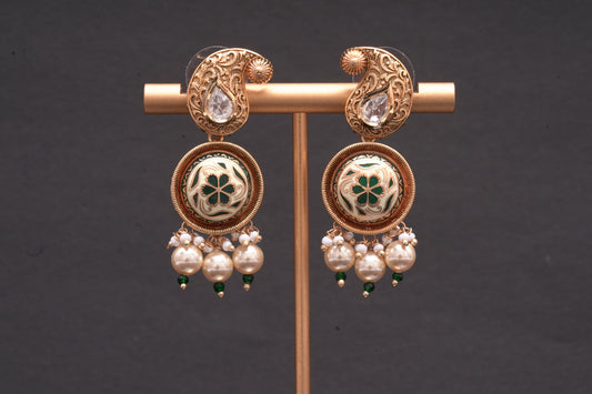 Beautiful gold finish stone polki and enamel work earrings in green