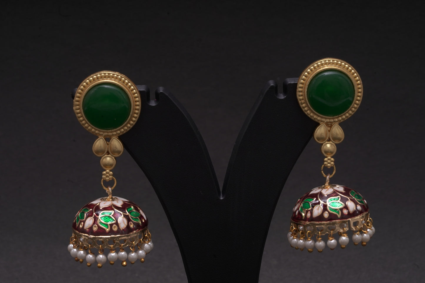 Colourful jhumkas in green and maroon with enamel finish