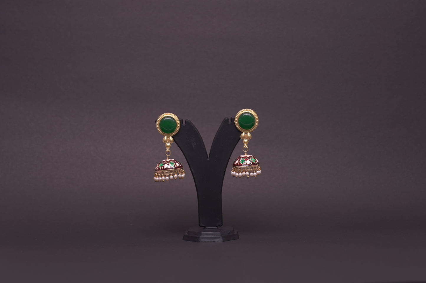 Colourful jhumkas in green and maroon with enamel finish