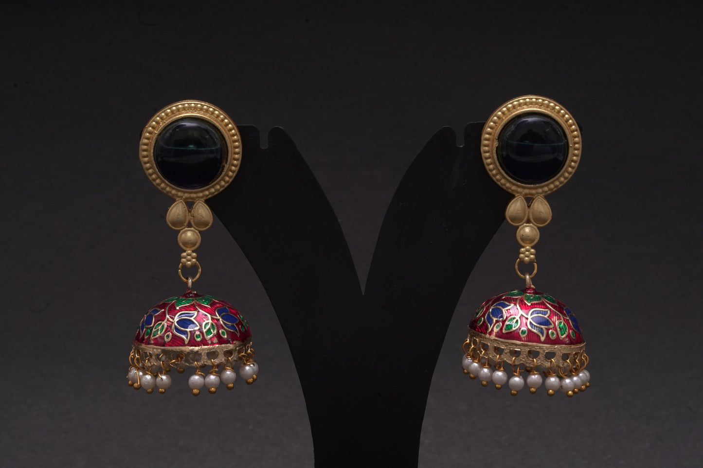 Colourful jhumkas in red and black with enamel finish
