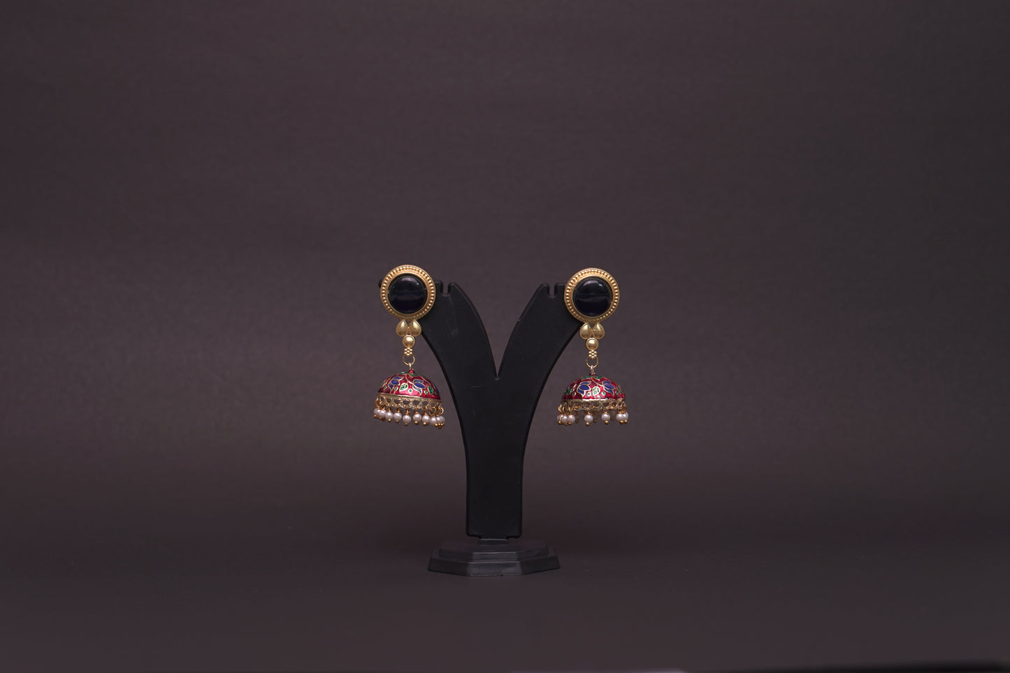 Colourful jhumkas in red and black with enamel finish
