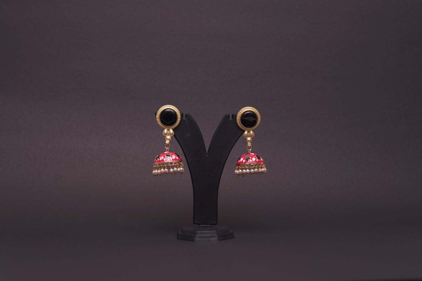 Colourful jhumkas in red and black with enamel finish