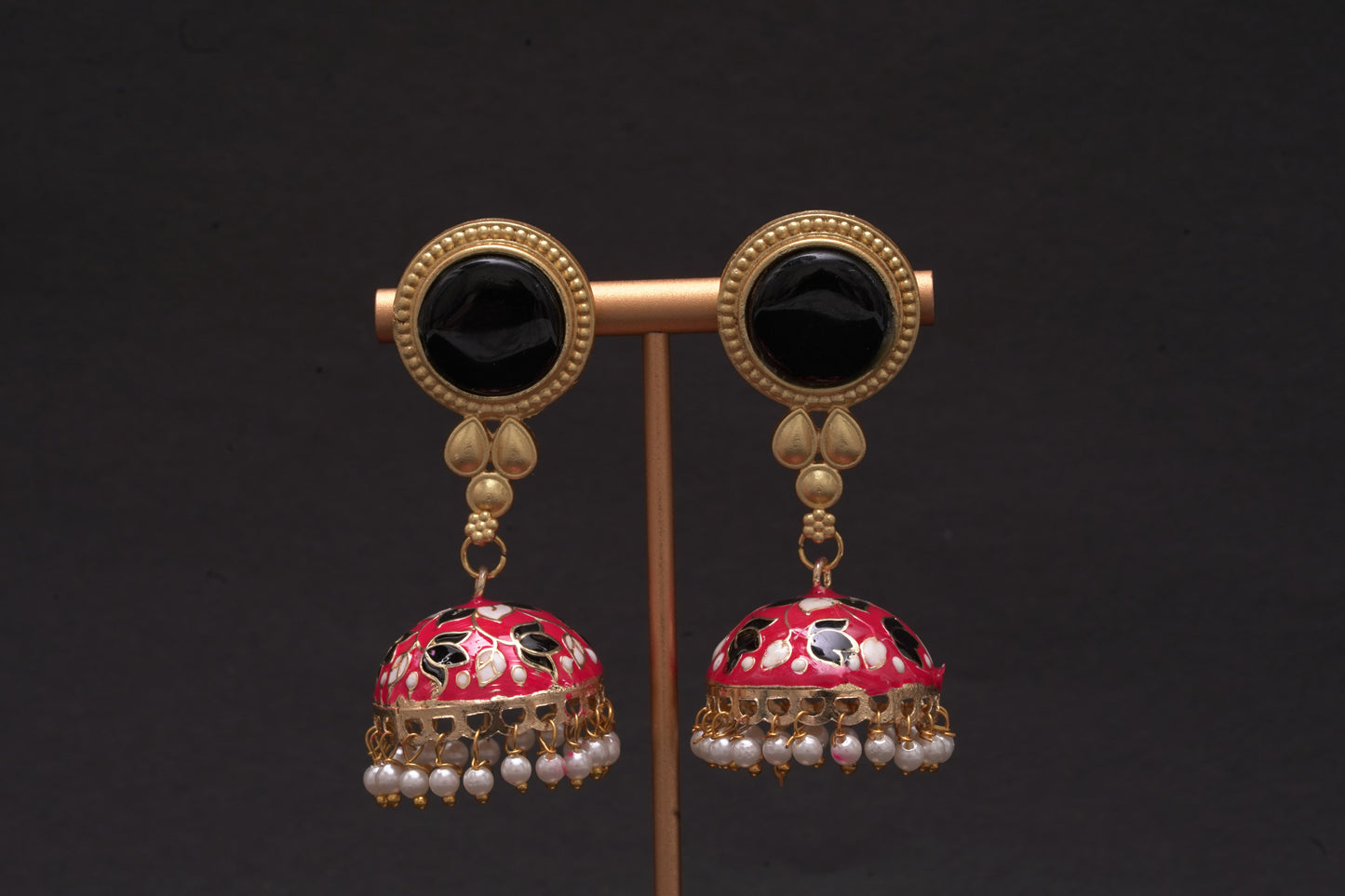 Colourful jhumkas in red and black with enamel finish