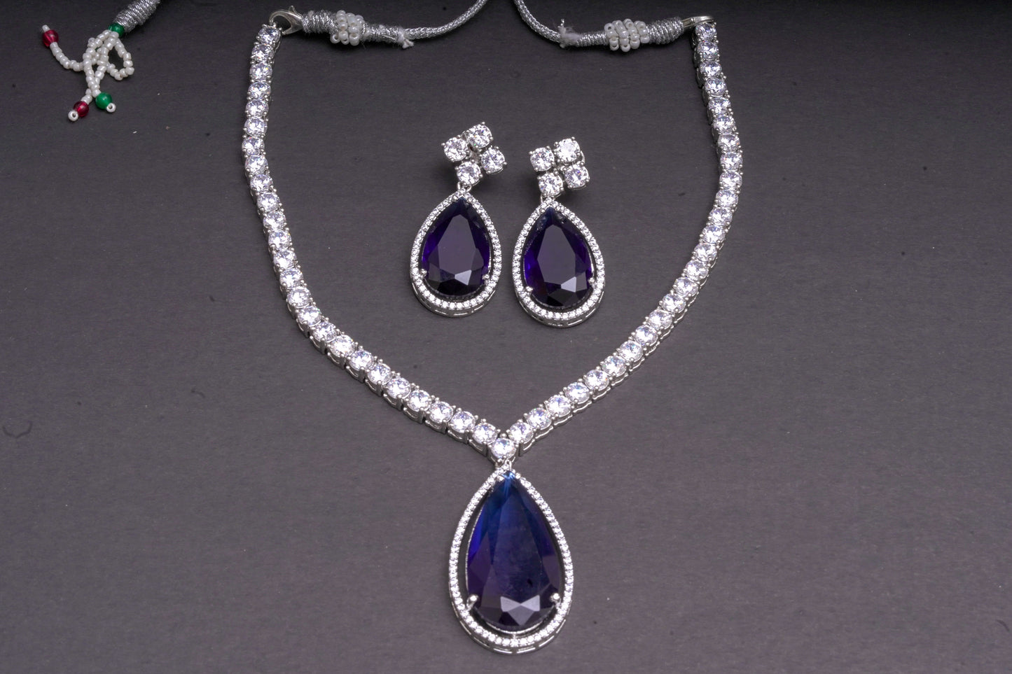 Blue Sappire Single Stone with American diamond Necklace Set