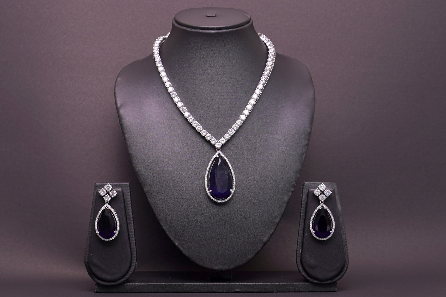 Blue Sappire Single Stone with American diamond Necklace Set