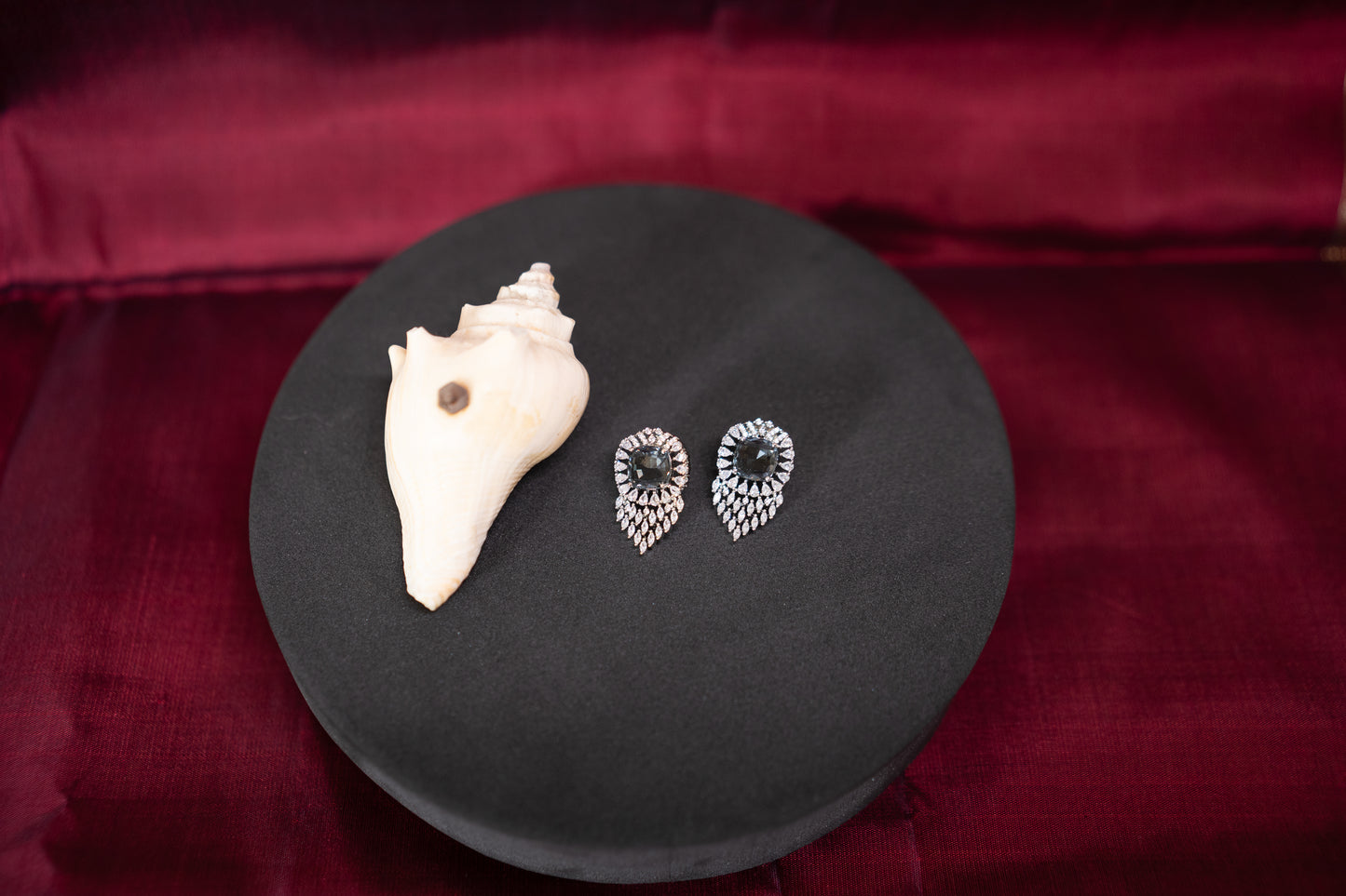 Grey Stone American diamond Earrings Set in a Boston Fern Pattern