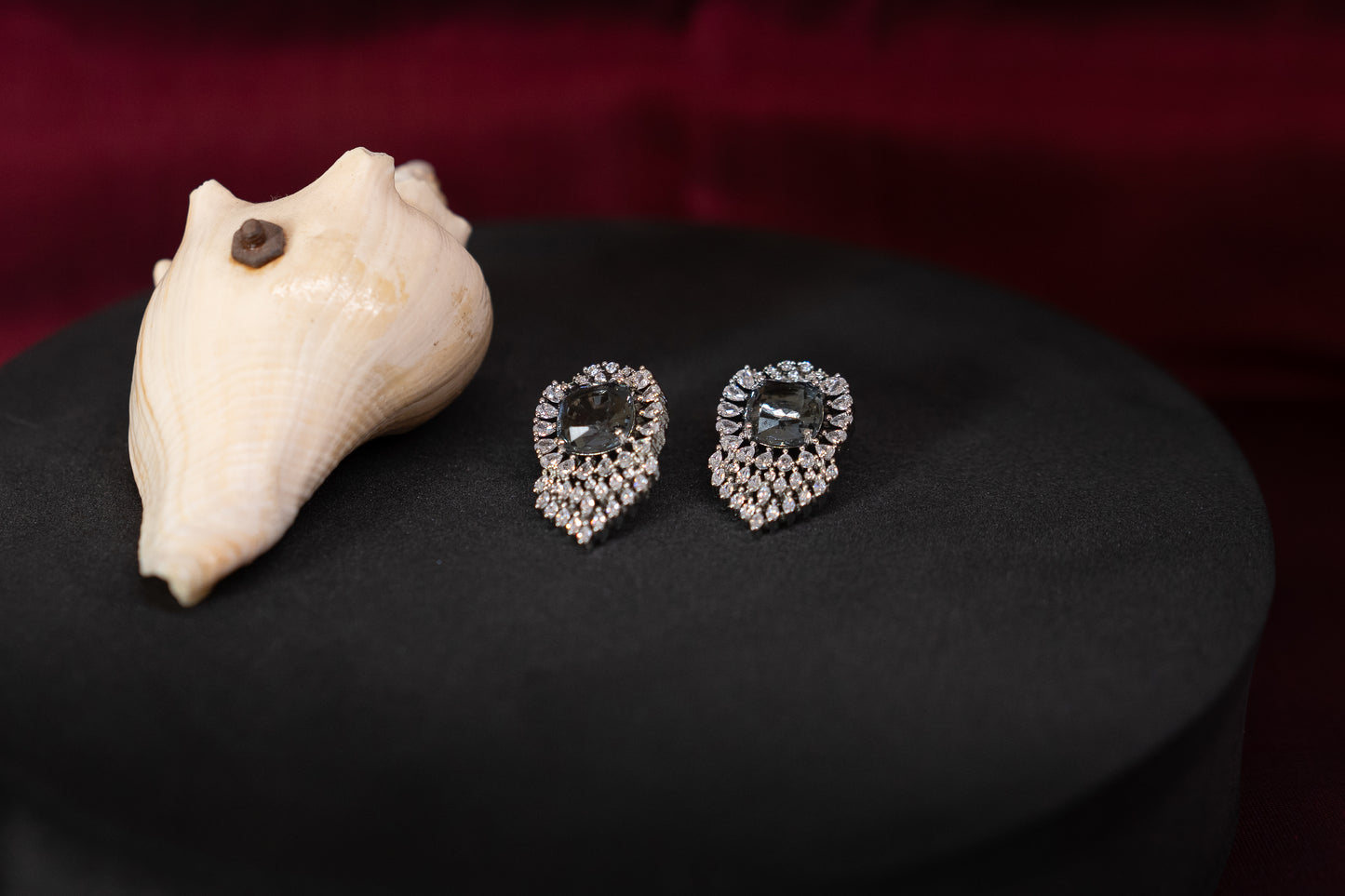 Grey Stone American diamond Earrings Set in a Boston Fern Pattern