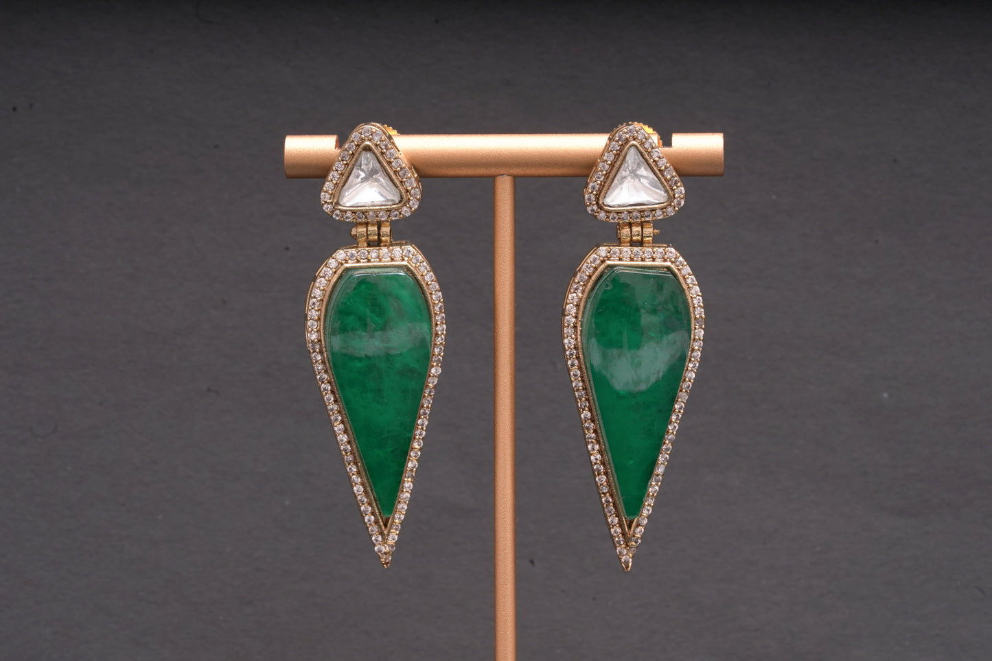 Leaf shaped danglers in green with polki and American diamonds