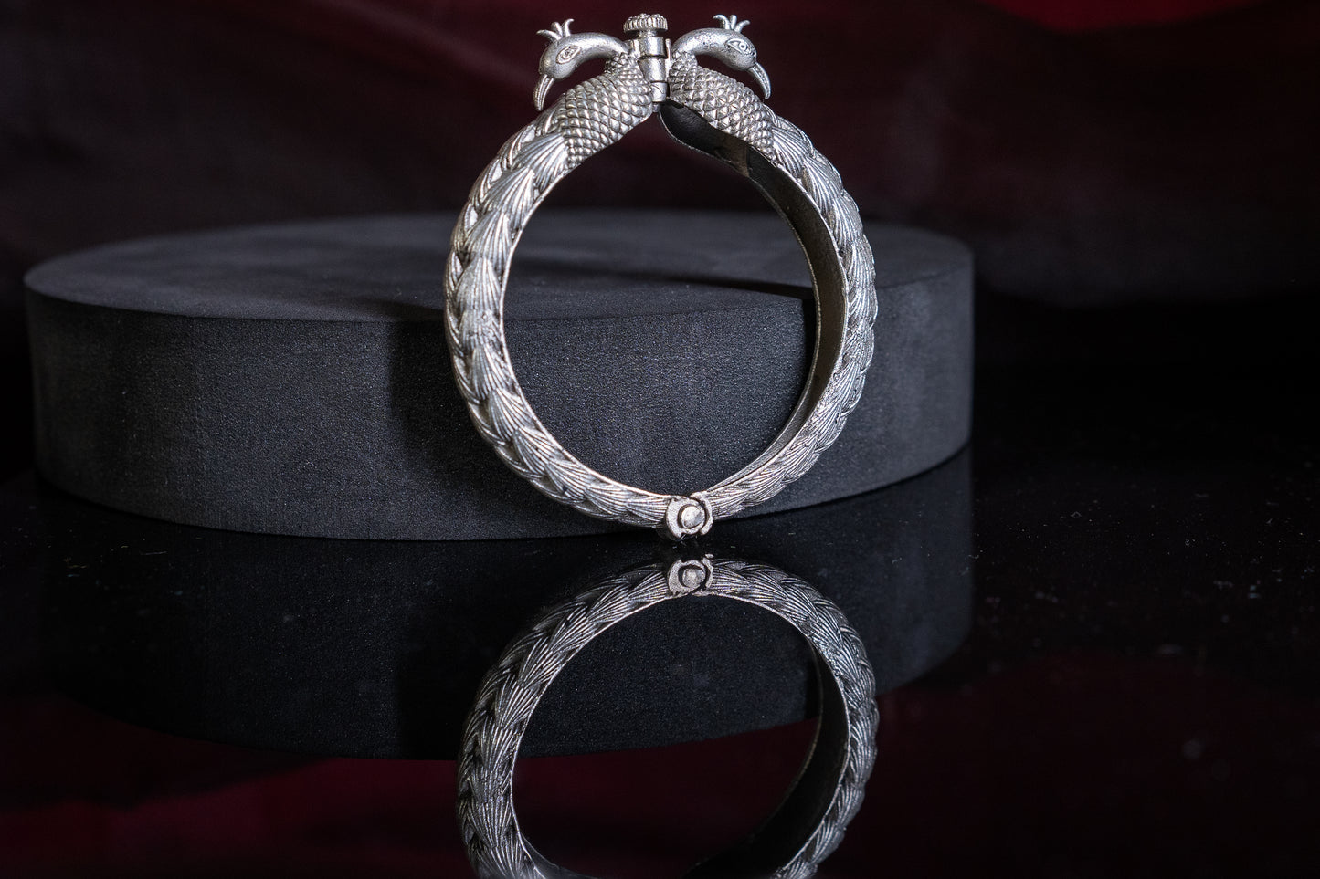 Peacock bracelet or kada with opulent carving in silver finish