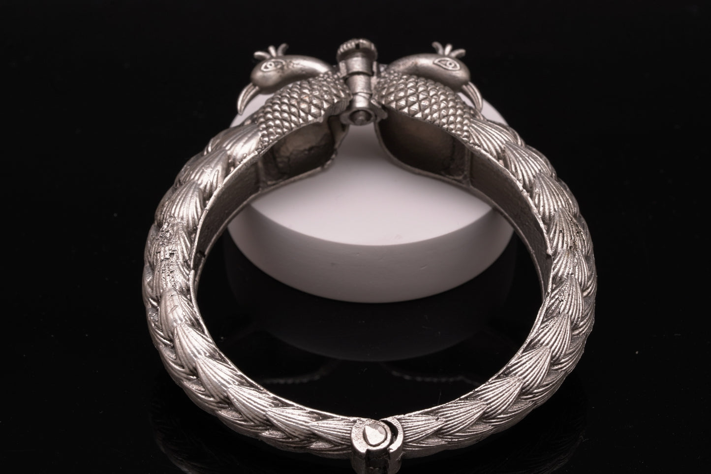 Peacock bracelet or kada with opulent carving in silver finish