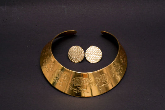 Statement gold finish hasli with elephant motifs and ear studs