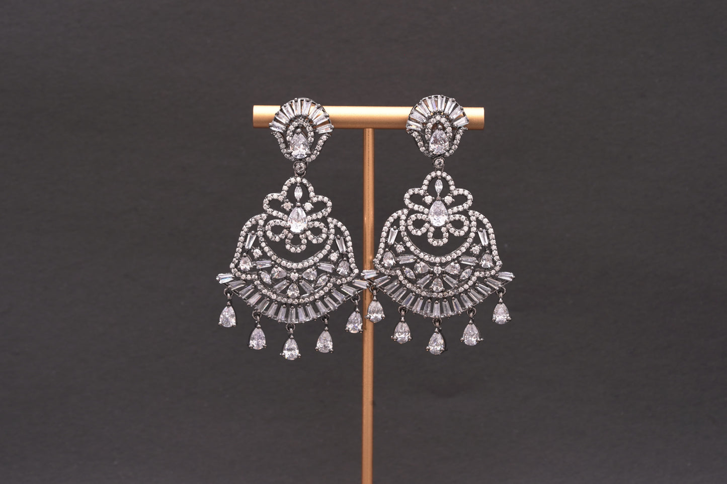 Stunning, chandelier earrings with real American diamond in a glittering finish
