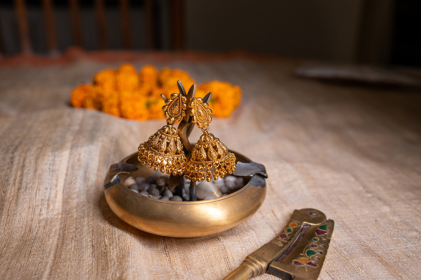 Unique traditional Indian necklace set with jhumkas in gold finish